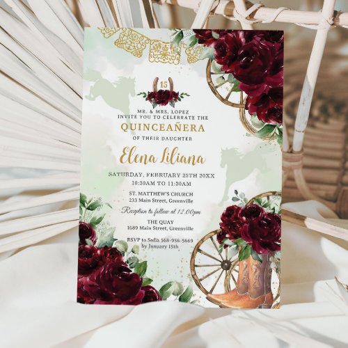 Burgundy Floral Charro Boots Sweet 16 Quinceaera Invitation