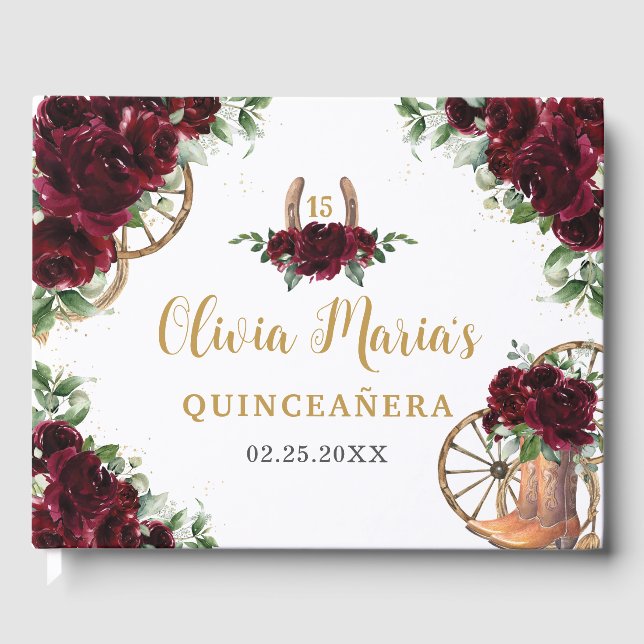 Burgundy Floral Charro Cowboy Boots Quinceanera Guest Book (Front)