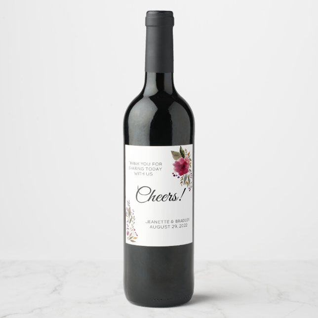 Burgundy Floral Cheers Thank You Wedding Wine Label (Front)