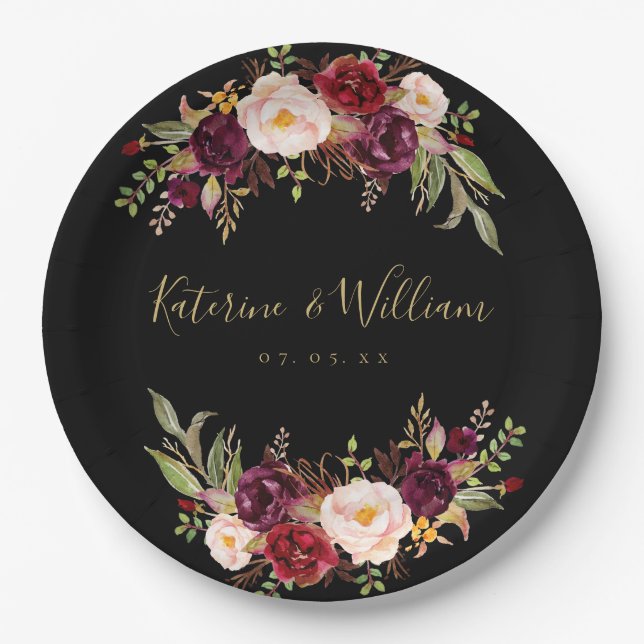 Burgundy Floral Chic Black Gold Engagement Party Paper Plates (Front)