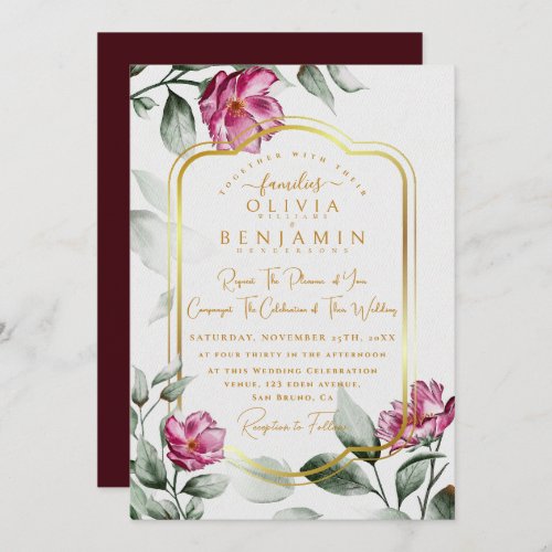 Burgundy  Floral Chic Golden Frame Wedding Invitat Invitation
