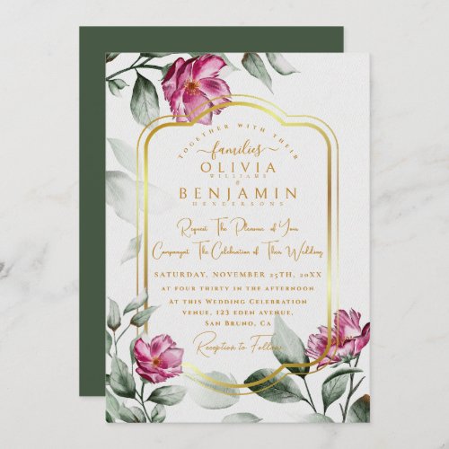 Burgundy  Floral Chic Golden Frame Wedding Invitation