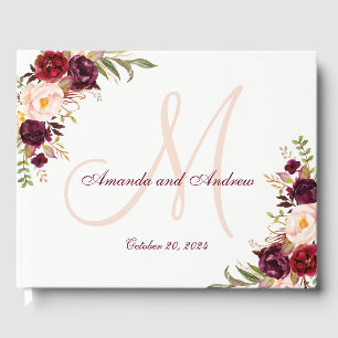 Burgundy Floral Chic Gray Monogram Photo Wedding Guest Book