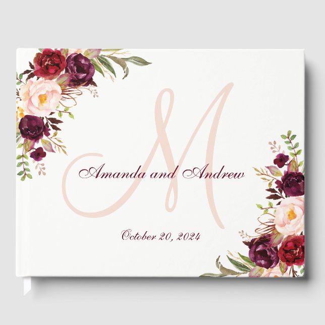 Burgundy Floral Chic Gray Monogram Photo Wedding Guest Book (Front)