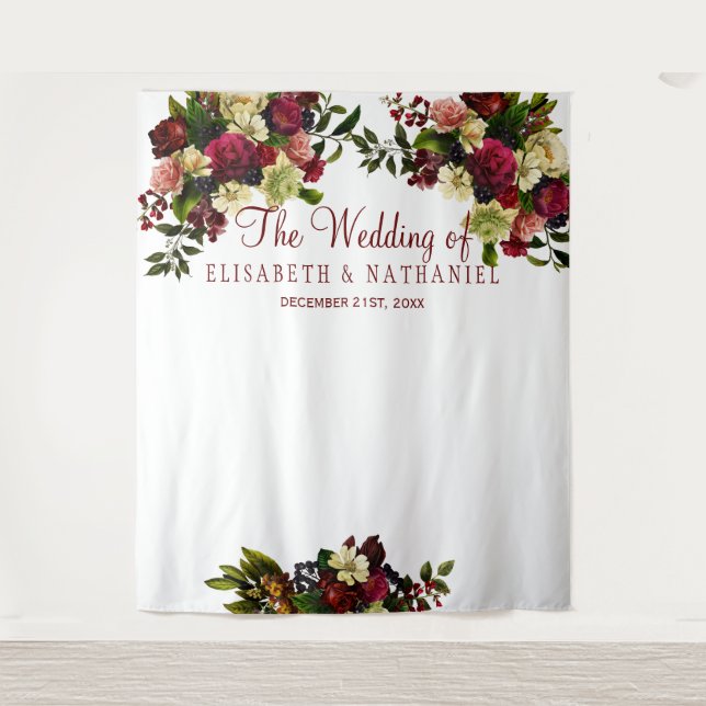 Burgundy floral chic wedding photo booth backdrop (Front)