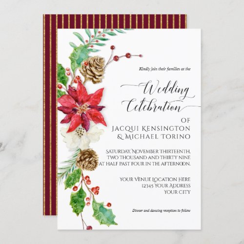 Burgundy Floral Christmas Gold Winter Holly Berry Invitation