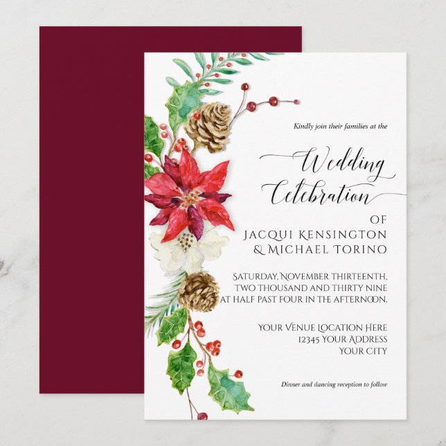 Burgundy Floral Christmas Gold Winter Holly Berry Invitation (Front/Back)