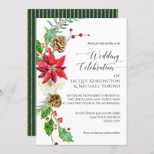 Burgundy Floral Christmas Green Gold Holly Wedding Invitation