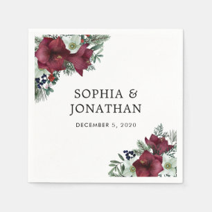 Burgundy Floral Christmas Theme Winter Wedding Napkins