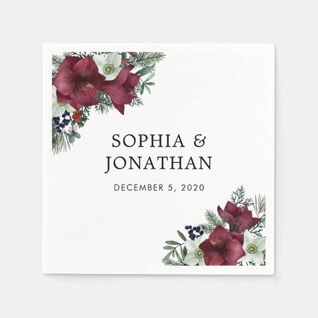 Burgundy Floral Christmas Theme Winter Wedding Napkins (Front)