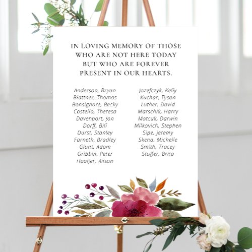 Burgundy Floral Class Reunion Memorial With Names Foam Board