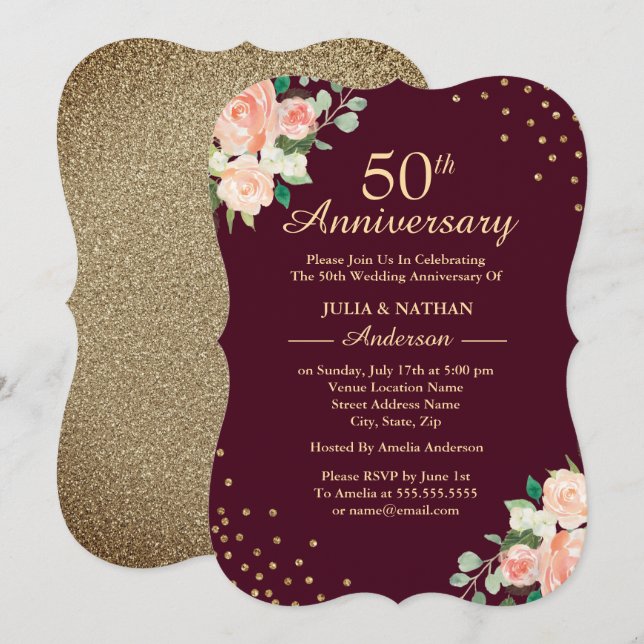 Burgundy Floral Confetti 50th Wedding Anniversary Invitation (Front/Back)