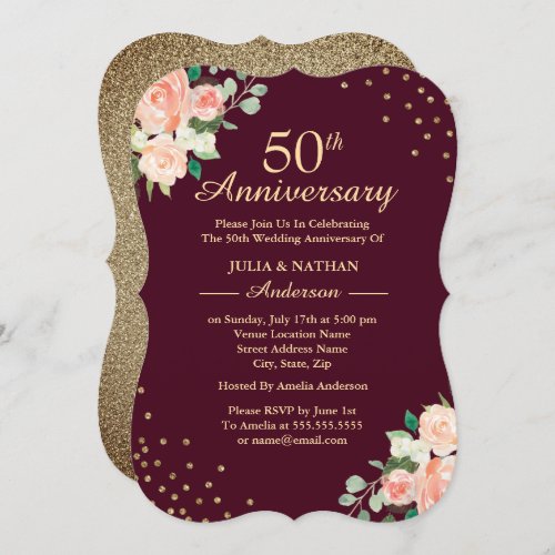 Burgundy Floral Confetti 50th Wedding Anniversary Invitation