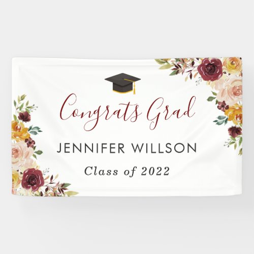 Burgundy Floral Congrats Grad Graduation Party Banner