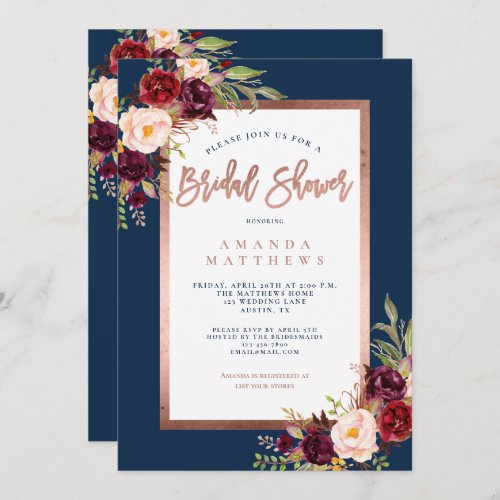 Burgundy Floral Copper Navy Blue Bridal Shower Invitation