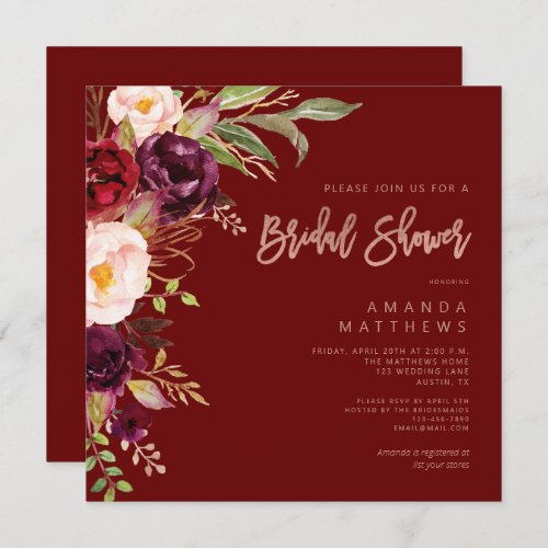 Burgundy Floral Copper Rose Gold Bridal Shower Invitation