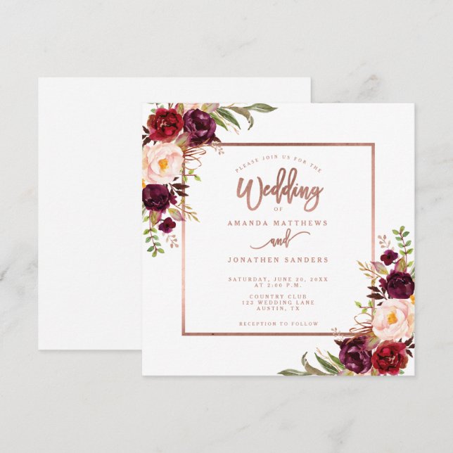 Burgundy Floral Copper Rose Gold Script Wedding Invitation (Front/Back)