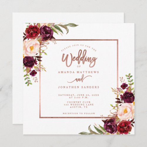 Burgundy Floral Copper Rose Gold Script Wedding Invitation