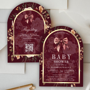 Burgundy Floral Coquette Bow Arch Baby Shower Invitation