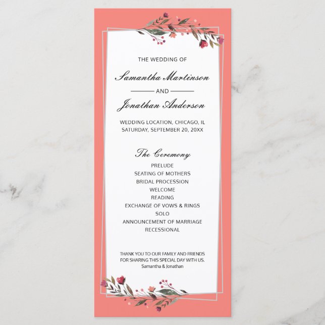 Burgundy Floral Coral | Gray Geometric Wedding Program (Front)