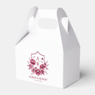Burgundy floral crest and initials wedding favor boxes