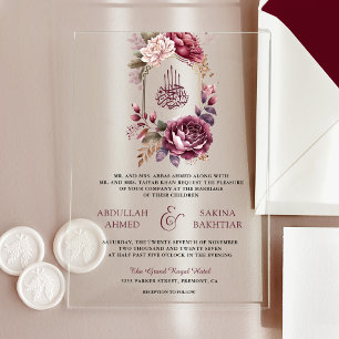 Burgundy Floral Crest Muslim Wedding Acrylic Invitations