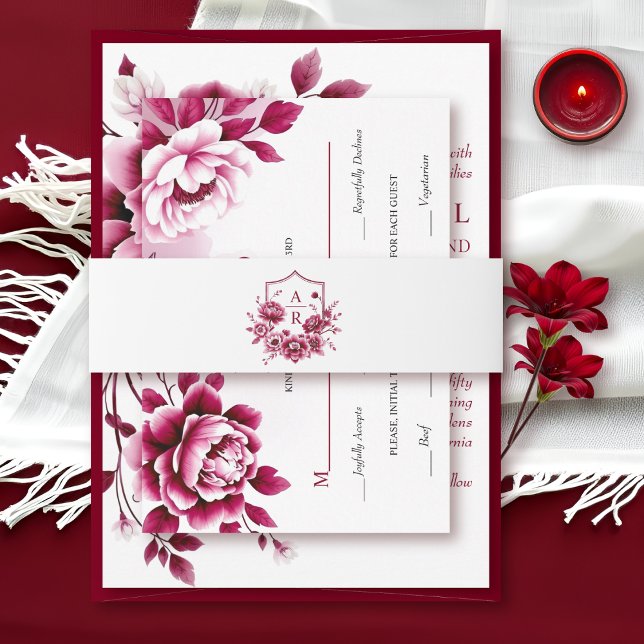 Burgundy floral crest peony flower wedding invitation belly band (Creator Uploaded)