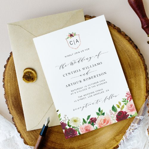 burgundy floral crest wedding invitation