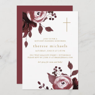 Burgundy Floral Cross Christian Mother's Blessing Invitation