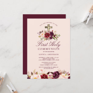 Burgundy Floral Cross Girls First Communion  Invitation
