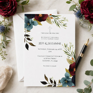 Burgundy Floral Cross Two Become One Wedding Invitation