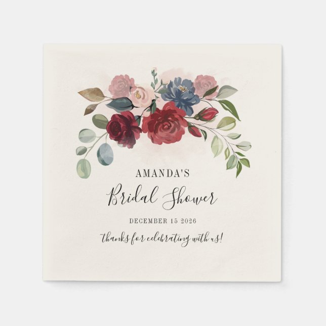 Burgundy Floral Custom Bridal Shower Paper Napkins (Front)