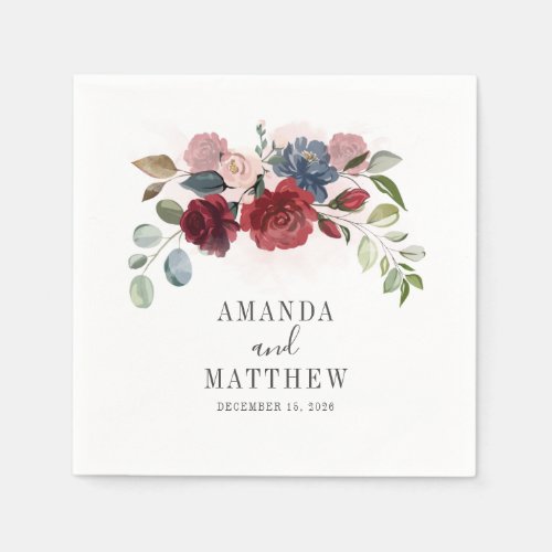 Burgundy Floral Custom Wedding Cocktail Napkins