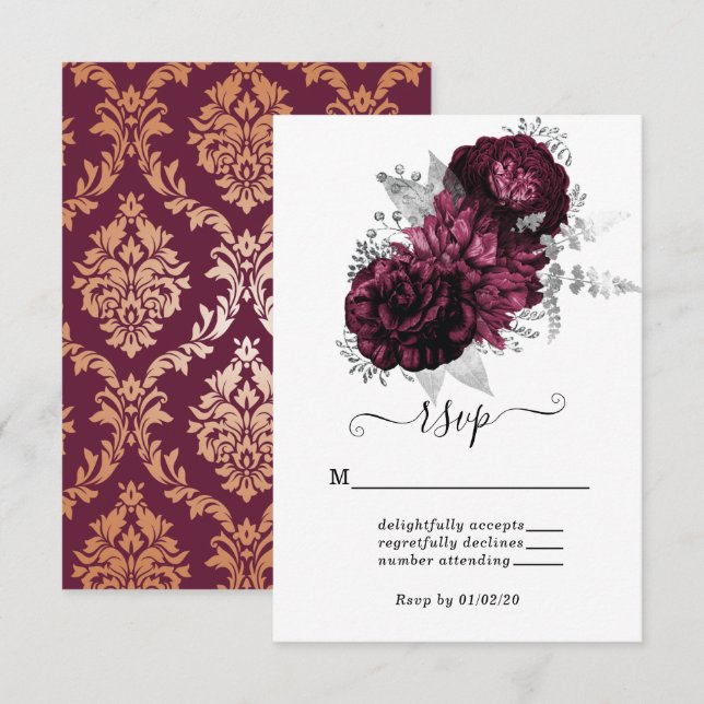 Burgundy Floral & Damask Wedding RSVP Card (Front/Back)