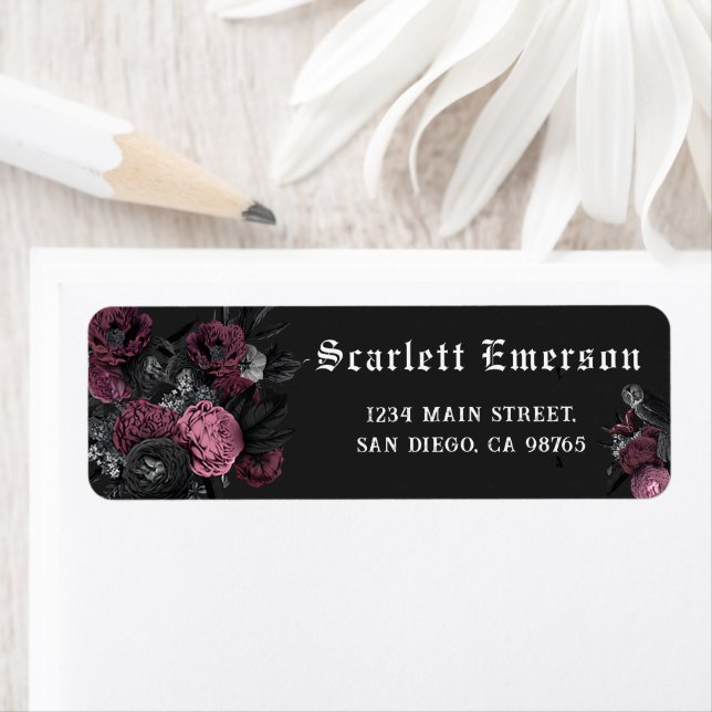Burgundy Floral Dark Gothic Bridal Shower Address Label (Insitu)