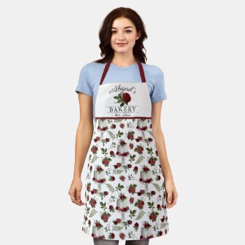 Burgundy Floral Decorated Cake On Stand  Monogram Apron by TrendyKitchens at Zazzle