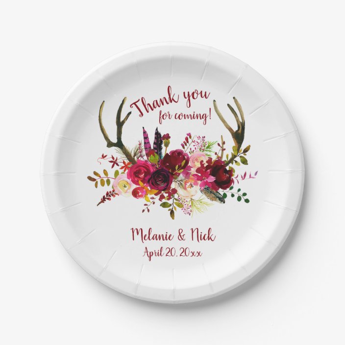 Burgundy Floral Deer Antlers Wedding Decor Paper Plate Zazzle Com