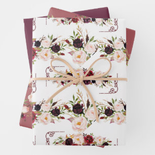 Burgundy Floral Design Wrapping Paper Sheets