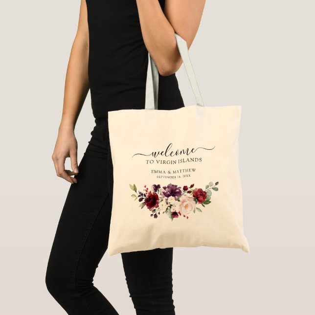 Burgundy Floral Destination Wedding Welcome Tote Bag (Front (Product))