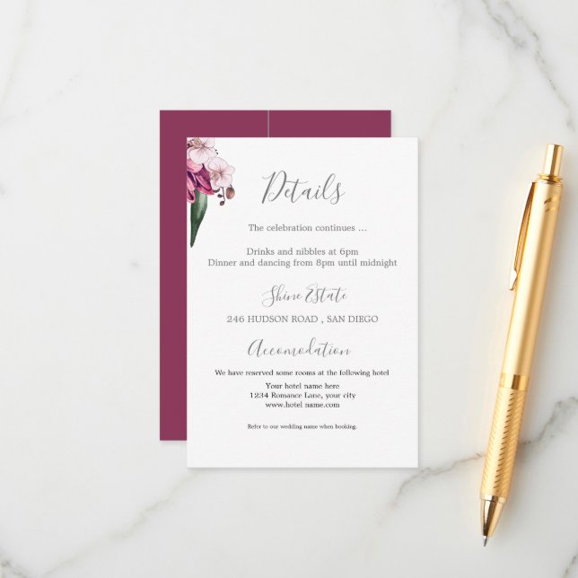 Burgundy Floral Disco Details Enclosure Card (Front/Back In Situ)