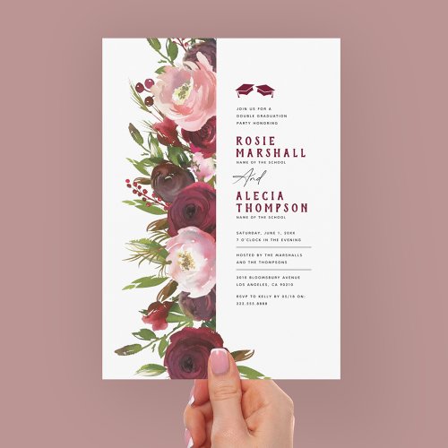 Burgundy Floral Double Graduation Party Invitation - Elegant double graduation party invitations featuring rustic watercolor burgundy & blush florals, and a modern text template that is easy to personalize.