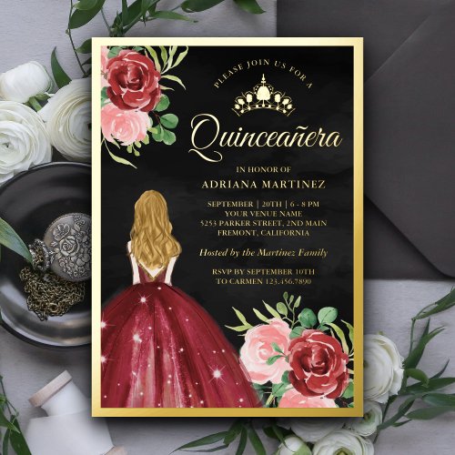 Burgundy Floral Dress Black Quinceanera Gold Foil Invitation