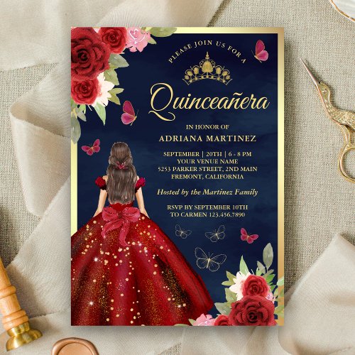 Burgundy Floral Dress Butterfly Navy Quinceanera Invitation