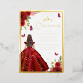 Burgundy Floral Dress Butterfly Quinceanera Gold Foil Invitation (Standing Front)