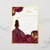 Burgundy Floral Dress Butterfly Quinceanera Gold Foil Invitation (Standing Front)