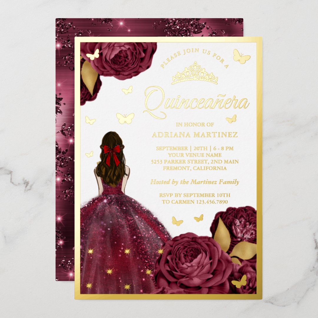 Burgundy Floral Dress Butterfly Quinceanera Gold Foil Invitation Zazzle 4197