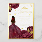 Burgundy Floral Dress Butterfly Quinceanera Gold Foil Invitation (Front)