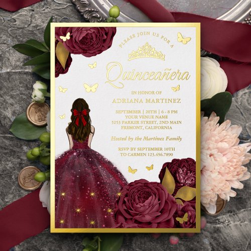 Burgundy Floral Dress Butterfly Quinceanera Gold Foil Invitation