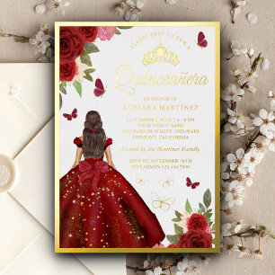 Burgundy Floral Dress Butterfly Quinceanera Gold Foil Invitation