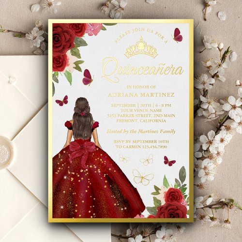 Burgundy Floral Dress Butterfly Quinceanera Gold Foil Invitation